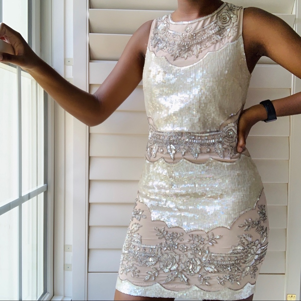 Cream/Silver Sequined Party Dress